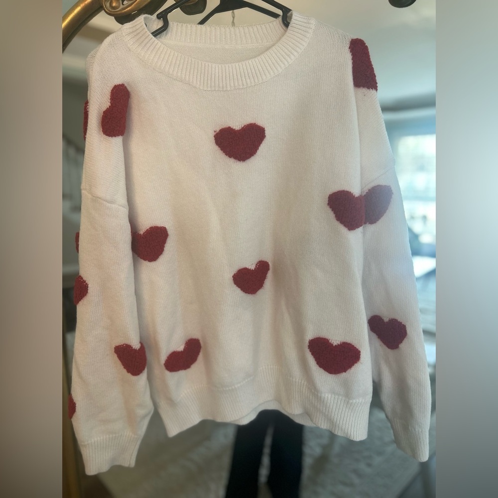 Red and White Crew Neck Sweater with Heart Pattern